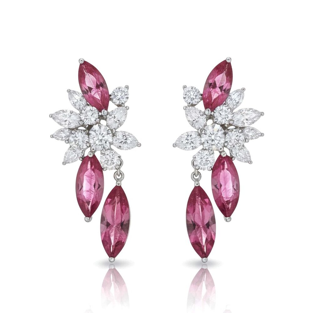 Marquise Ruby 18K White Gold Diamond Floral Drop Earrings